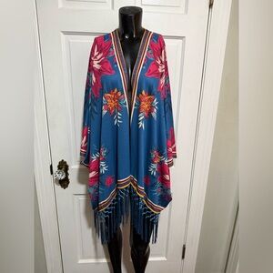 Flying Tomato Shrug Floral Kimono Short Fringe Medium Large Blue Pink Boutique